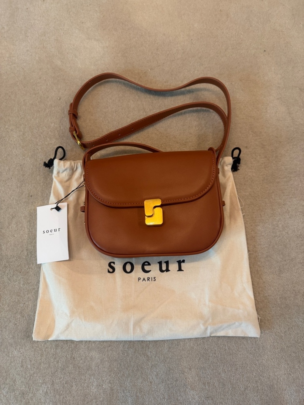 Soeur Tan Leather Crossbody Bag with Gold Hardware